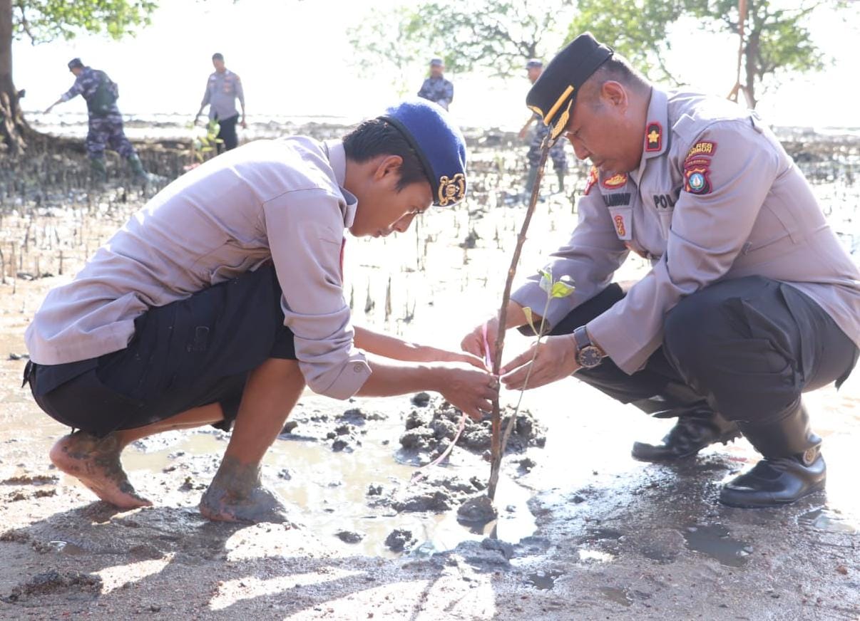 Sambut HUT Humas Polri ke-72, personel Sihumas Polres Karimun menanam 50 batang pohon mangrove di pantai Coastal Area Kabupaten Karimun.